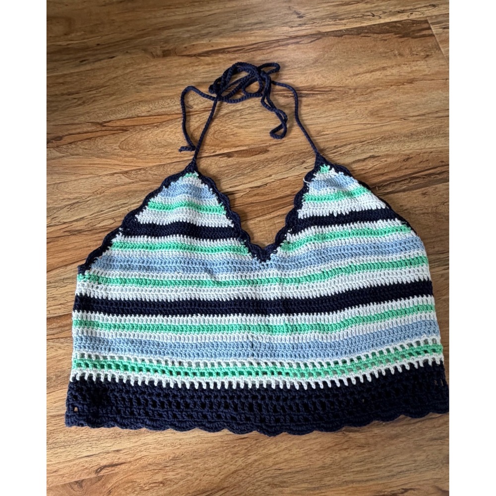Aerie Crochet Halter Top Blue Green Striped Boho Knit Crop Top Medium NWT